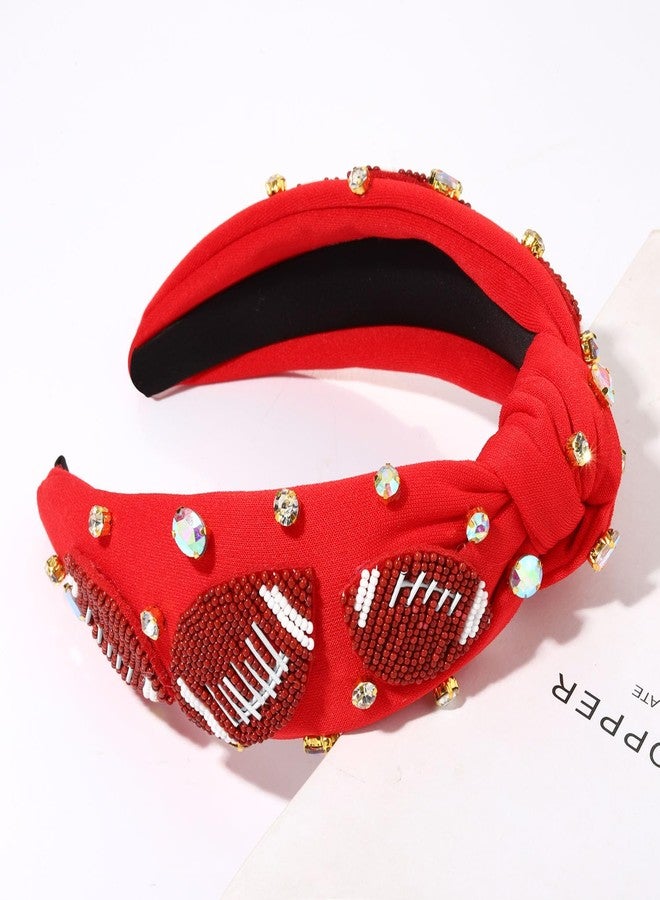 NVENF Football Headband for Women Football Mom Accessories Beaded Football Knotted Headband Jeweled Rhinestone Crystal Embellished Top Knot Hairband Sport Hairband Game Day Hair Accessory (Red) - Image 2