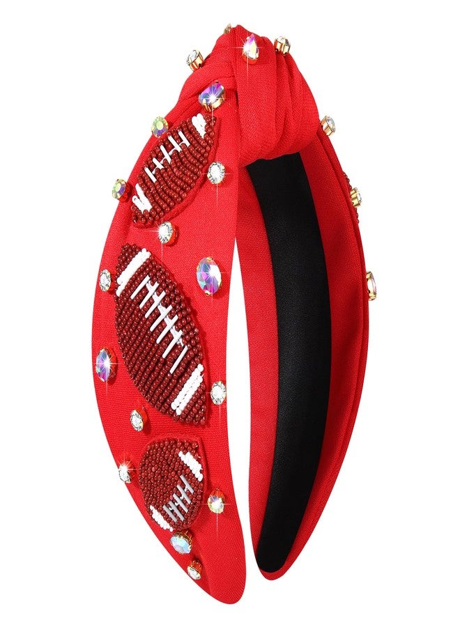 NVENF Football Headband for Women Football Mom Accessories Beaded Football Knotted Headband Jeweled Rhinestone Crystal Embellished Top Knot Hairband Sport Hairband Game Day Hair Accessory (Red) - Image 1