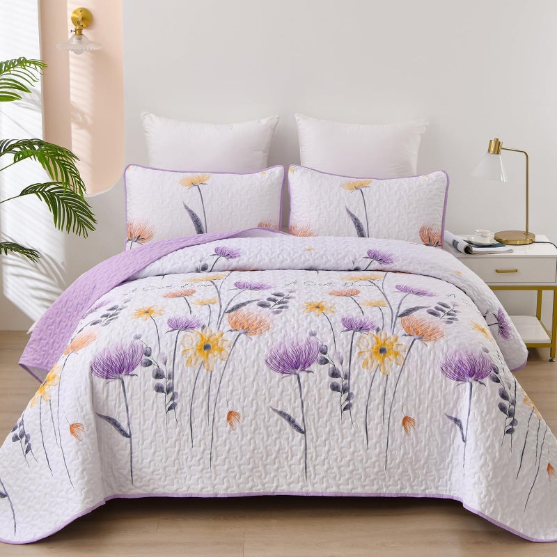 Dinjoy King Size Quilt Set Floral,3 Pieces Purple & Yellow Quilts Coverlet Set Boho Bedspreads Bed Cover Lightweight White Botanical Farmhouse Bedding Sets for Spring Summer Fall Winter(110"x90") - Image 1