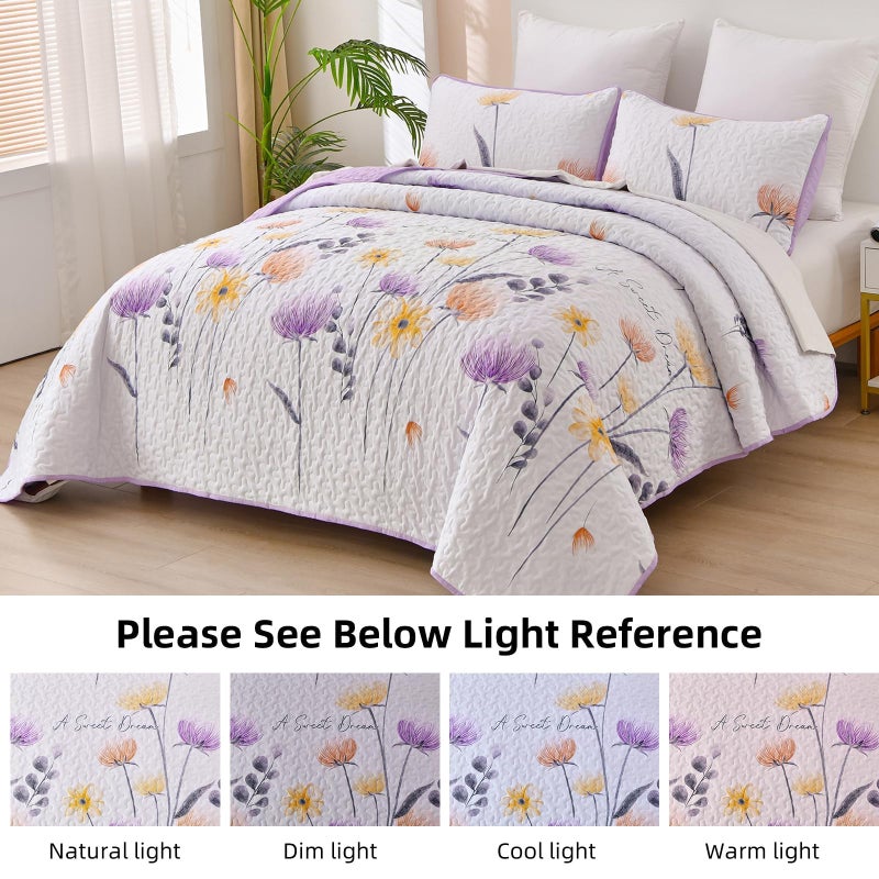 Dinjoy King Size Quilt Set Floral,3 Pieces Purple & Yellow Quilts Coverlet Set Boho Bedspreads Bed Cover Lightweight White Botanical Farmhouse Bedding Sets for Spring Summer Fall Winter(110"x90") - Image 4