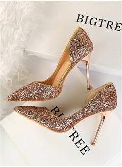 BIGTREE 9.5cm Slim Shoes For Women With Slim Heels Shallow Heels And Pointed Side Sequins Pink  - Image 2