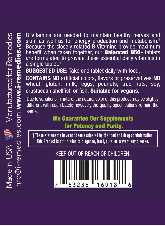 iRemedies iRemedies iBalanced B-50 Complex – Complete Vitamin B Supplement for Energy, Stress Support, and Overall Wellness – 60 Veg Tablets  - Image 4