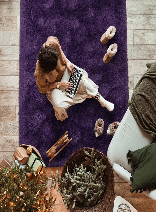 Softlife Dark Purple Area Rug for Bedroom, Fluffy Shag Plush 3x5 Rugs for Living Room Girls, Shaggy Throw Soft Fuzzy Small Kids Carpet for Dorm Bedside Ultra Cozy Non-Slip Indoor Decor - Image 4