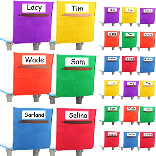 Boao 24 Pcs Chairback Pockets for Classroom with Name Tags 163 x 15 Inch Seat Storage Organizers 2 Large Pockets Chair Back Organizers for Students Teachers School SuppliesMulticolor - Image 1