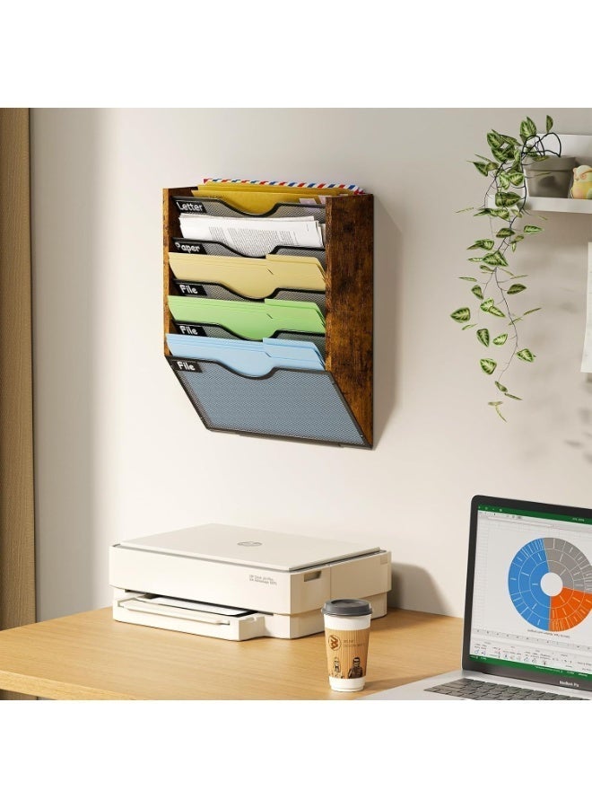 أوبتيا منظم ملفات مثبت على الحائط مع ملصق اسم، حامل أدوات مكتبية، منظم صواني مستندات للخزانة، منظم بريد شبكي بخمسة جيوب، حامل ملفات شبكي لتنظيم التخزين للمكتب والمنزل والمدرسة وسطح المكتب باللون الأسود - Image 1