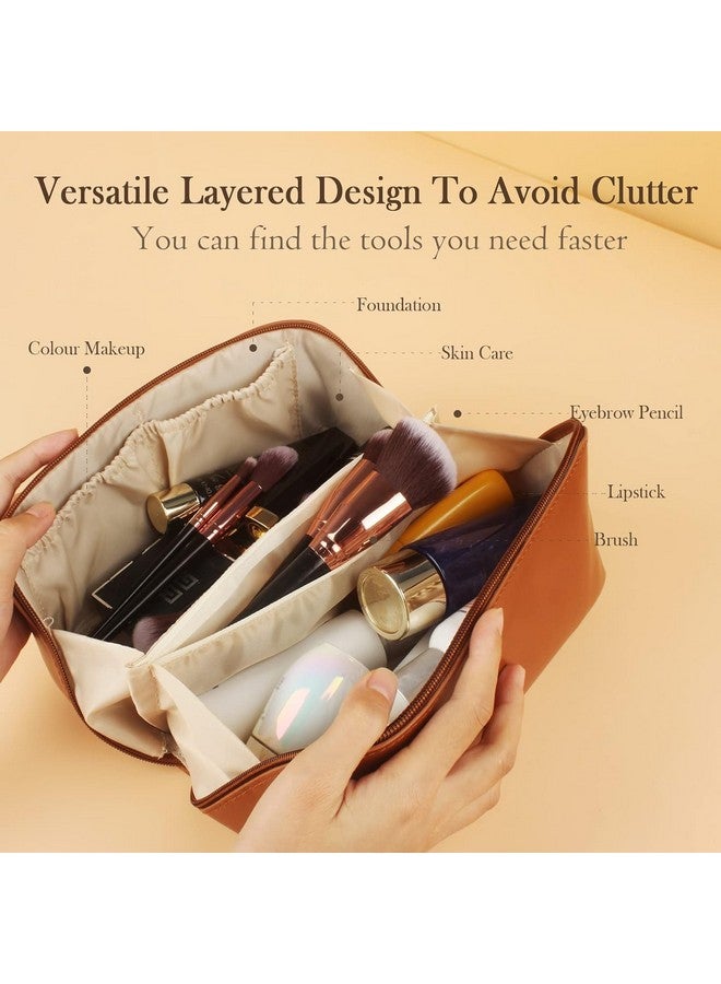 PRAMANTA Professional Makeup Kit Organizer Travel Cosmetic Storage Leather Pouch Vanity Toiletry Bag for Travel & Home Gift, 24 * 12 * 12 cm (1Pcs) (Brown) - Image 2
