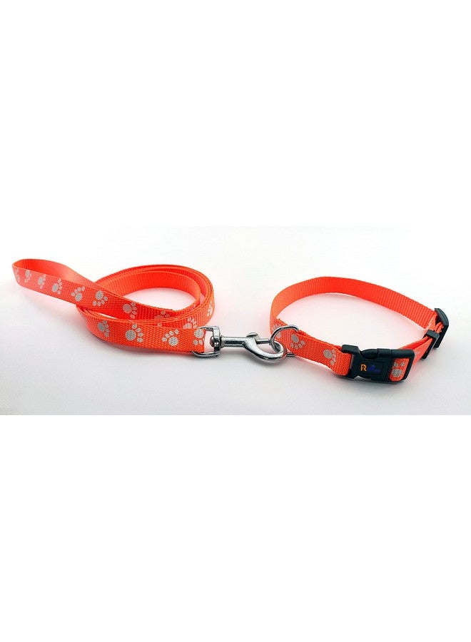 Nylon Collar And Leash Paw Printed, Adjustable Nylon Colour-Full Collar Leash Set Ideal For Puppies, Dogs And Cats (15 Mm, Orange Colour) - Image 1