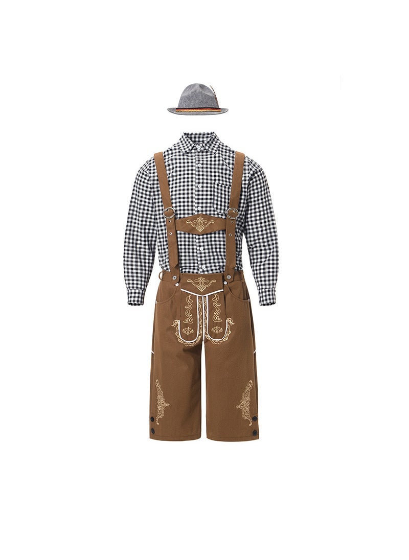 Oktoberfest Mens Outfit Lederhosen Checkered Shirt Set 82346 [black long-sleeved top + Brown suspender pants + gray hat]] 