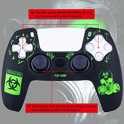 YoRHa Silicone Rubber Back Dots Carving Customizing Skin Cover for PS5 Controller x 1(BH Green) with Pro Thumb Grips x 10 - Image 2