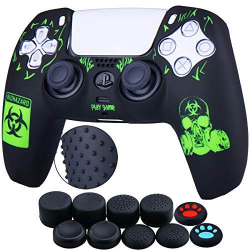 YoRHa Silicone Rubber Back Dots Carving Customizing Skin Cover for PS5 Controller x 1(BH Green) with Pro Thumb Grips x 10 - Image 1