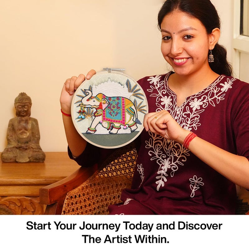 picknMAKE Colorful Royal Elephant Hand Embroidery Kit for Beginners, Adults & Kids – Digital Printed Fabric, Threads, Needles, Ghoongru & Instructions – DIY Embroidery Set - Image 5