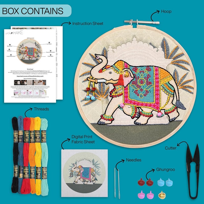 picknMAKE Colorful Royal Elephant Hand Embroidery Kit for Beginners, Adults & Kids – Digital Printed Fabric, Threads, Needles, Ghoongru & Instructions – DIY Embroidery Set - Image 2