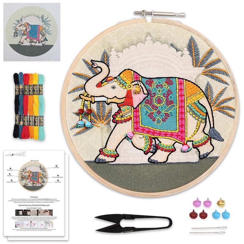 picknMAKE Colorful Royal Elephant Hand Embroidery Kit for Beginners, Adults & Kids – Digital Printed Fabric, Threads, Needles, Ghoongru & Instructions – DIY Embroidery Set - Image 1