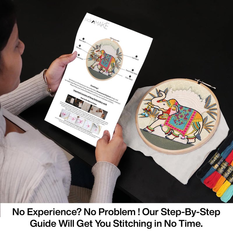 picknMAKE Colorful Royal Elephant Hand Embroidery Kit for Beginners, Adults & Kids – Digital Printed Fabric, Threads, Needles, Ghoongru & Instructions – DIY Embroidery Set - Image 3