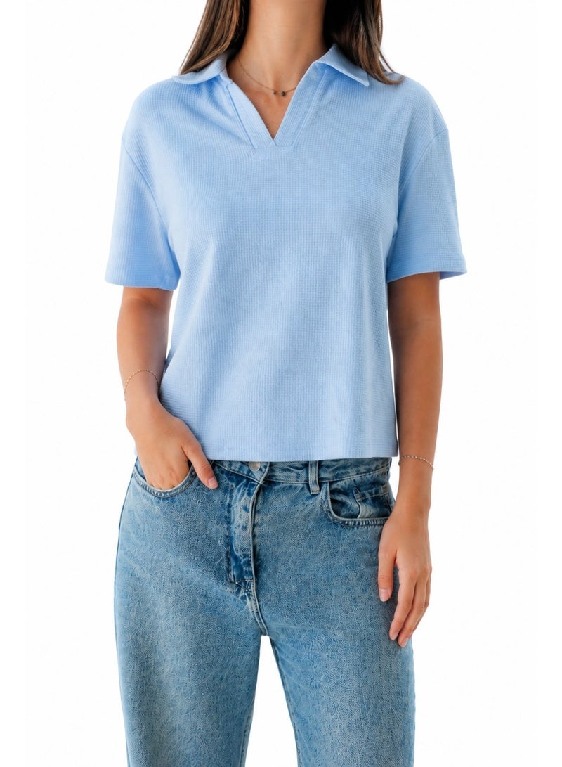 Premium Women’s 100% Egyptian Cotton Textured Polo T-Shirt – Soft Casual Fit, Baby Blue - Image 1