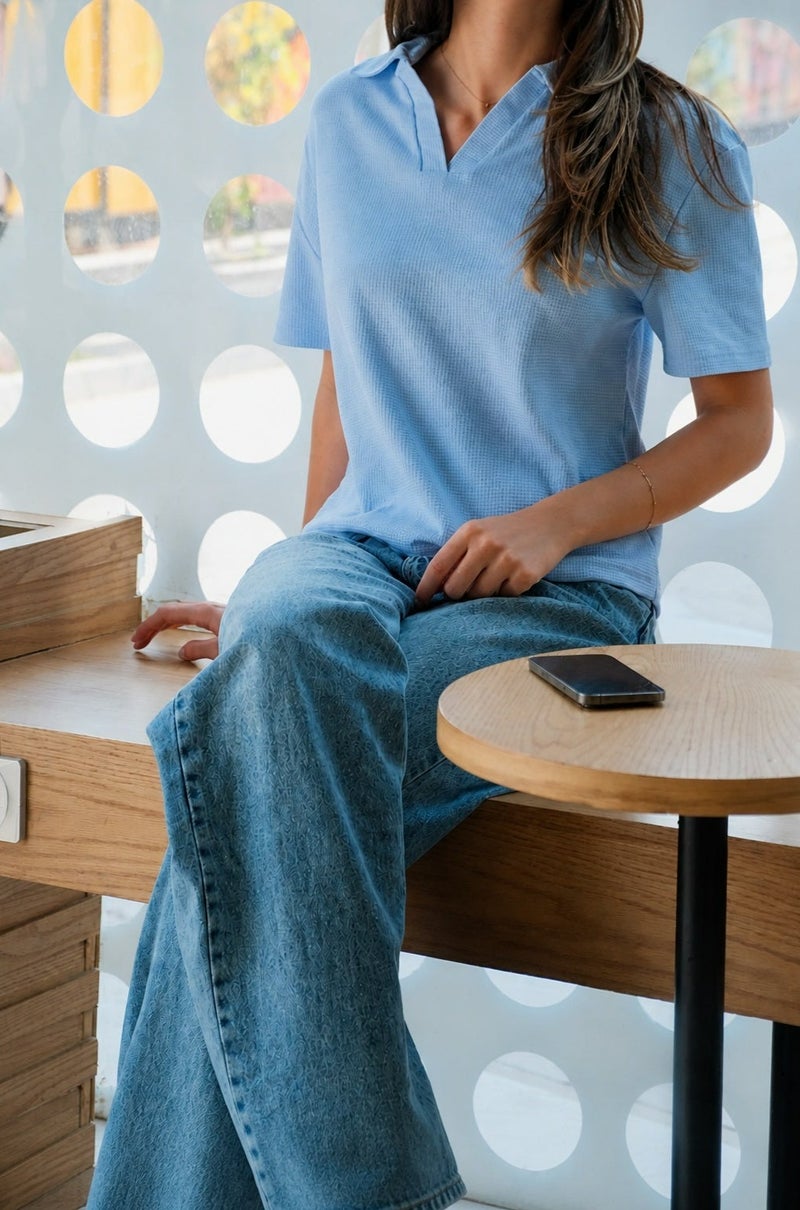 Premium Women’s 100% Egyptian Cotton Textured Polo T-Shirt – Soft Casual Fit, Baby Blue - Image 2