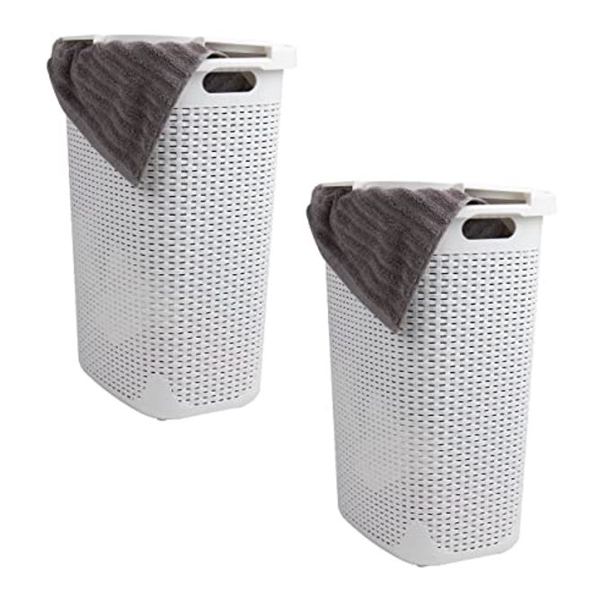 SLIM LAUNDRY HAMPER WITH LID 60L CLOTHES BASKETS PREMIUM WICKER DESIGN PLASTIC 2PACK WHITE
