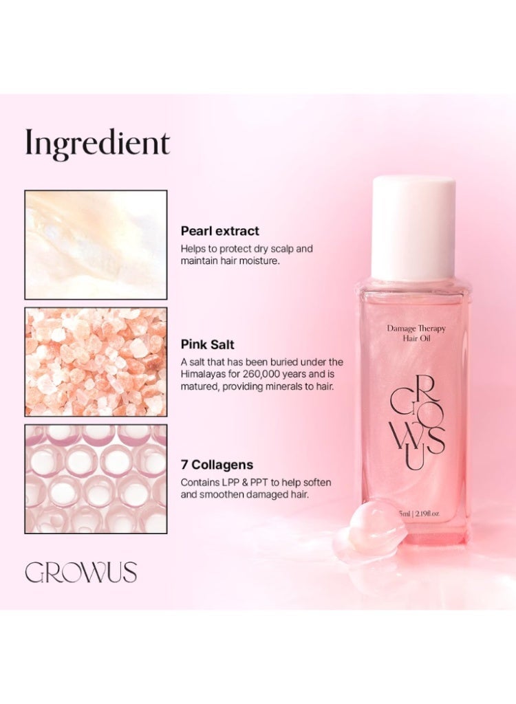 Growus Damage Therapy Hair Oil 65ml – Pearl Extract Pink Salt 7 Collagen Repair Serum for Dry Damaged Hair - Image 2