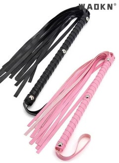 WAOKN 2 Pcs Leather Horse Whip Set Horses Whip for Play Faux Leather Whips PU Long Handle Outdoor Sports Horse Riding Whip Lightweight Gift Accessories Training Tool Portable Gift(Black,Pink)  - Image 1