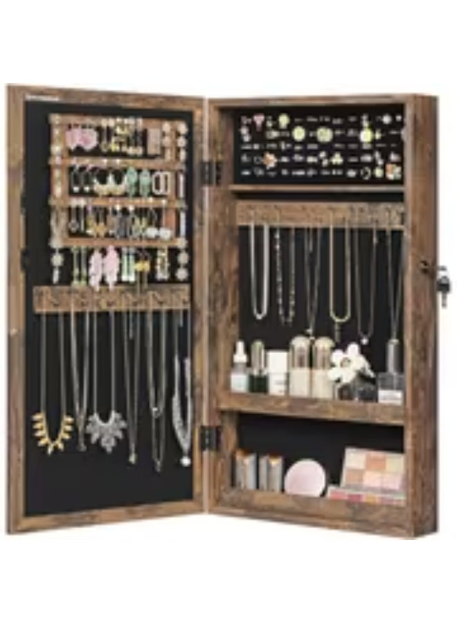 إيروريكس خزانة مجوهرات جدارية بقفل مع مرآة – بتصميم ريفي بني وباب أمامي زجاجي، بدون حاجة للتركيب - Image 2