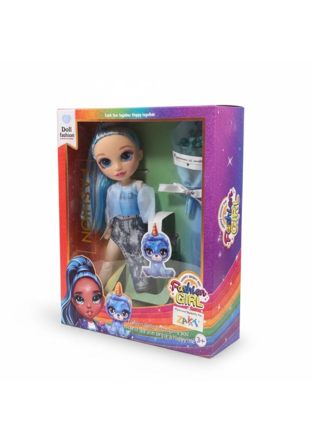 Blue-Haired Fashionista with Flower Bouquet