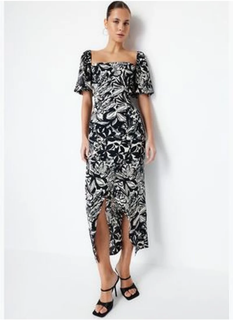 trendyol Black Balloon Sleeve Midi Floral Viscose Woven Dress TWOSS24EL00072