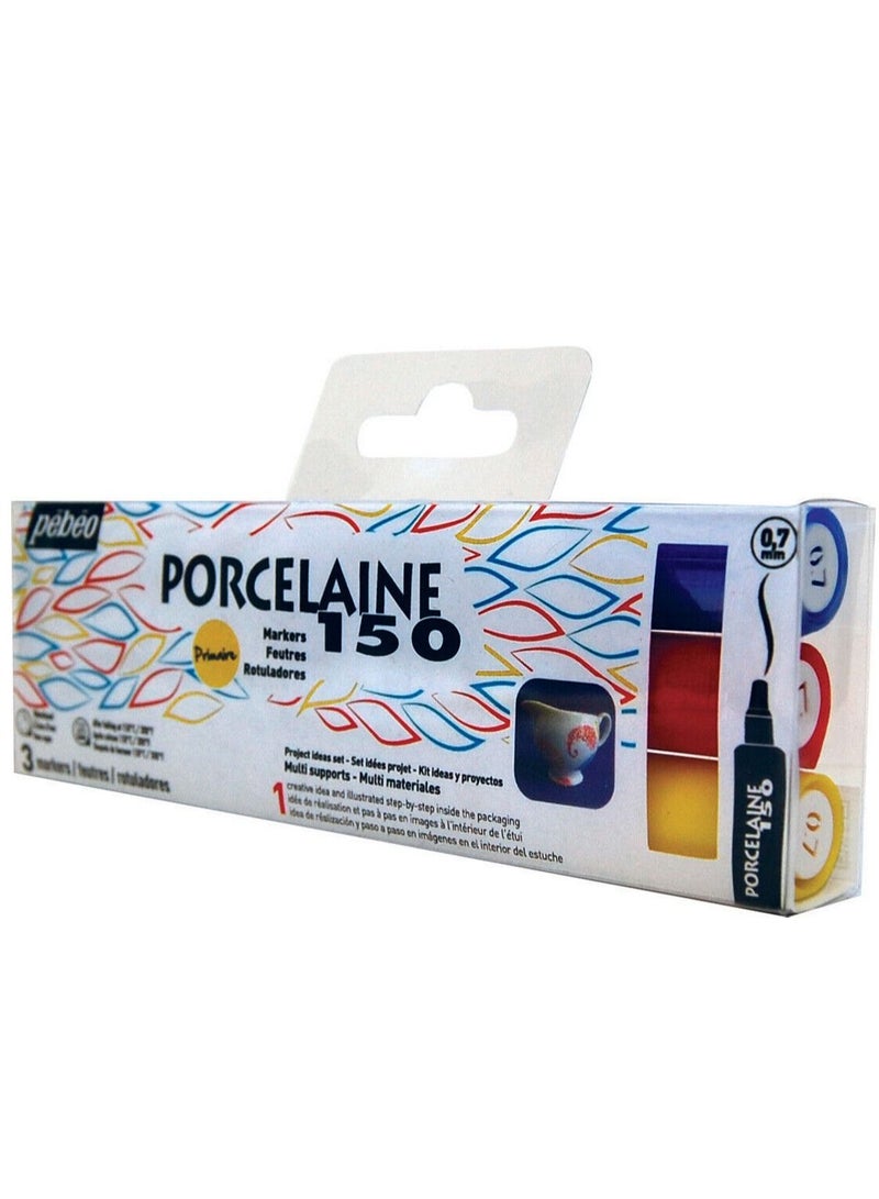 Pebeo Porcelaine 150 Marker Set of 3 Primary Colours with 0.7mm Fine Point Nibs - Image 1