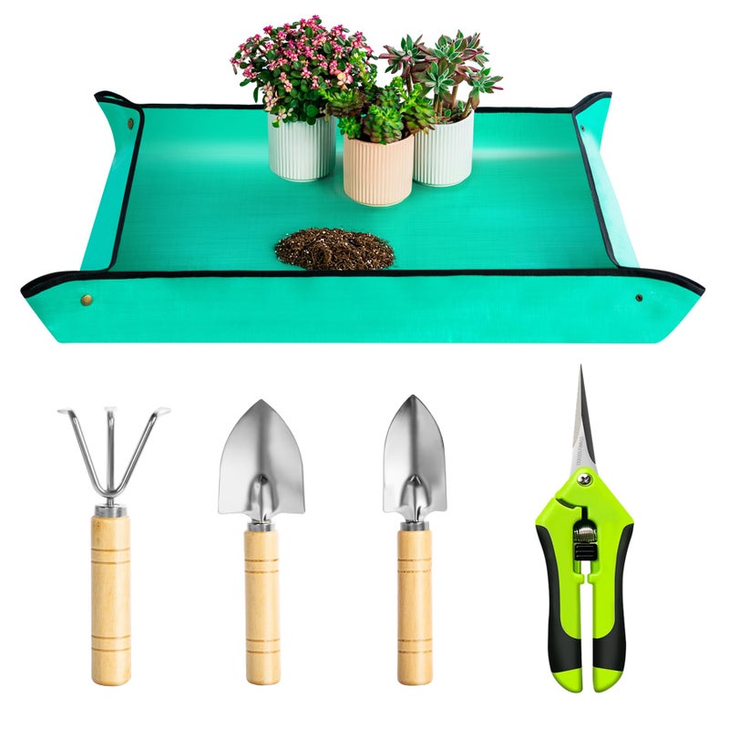 Josteve Plant Repotting Mat, 5Pcs Succulent Tools Mini Garden Small Gardening Tools Indoor, Pruning Shear Gardening Scissor, Hand kit for Bonsai, Cactus, Fairy, Houseplant Transplanting, Seedling - Image 1