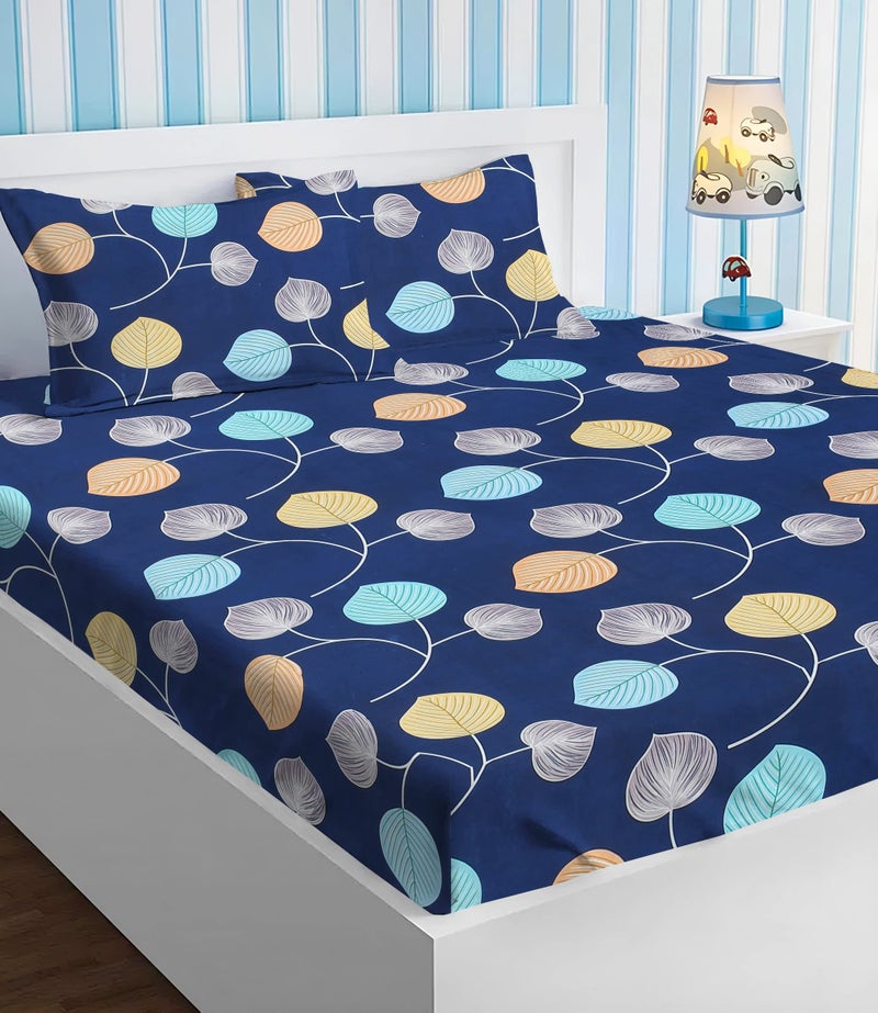 BSB HOME 100% Cotton Abstract Print Mix N Match Double Bed Sheet with 2 Pillow Covers for Queen Bed, Blue and White - Image 4