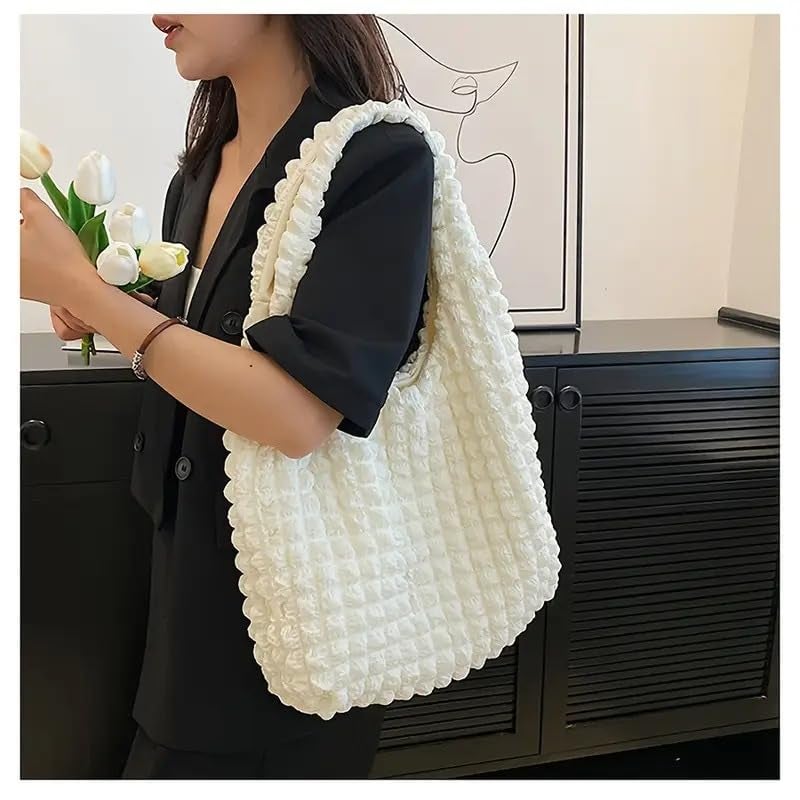 Kawn® Korean Style Puffy Cloud Bubble Grid Shoulder Bag for Women Girls, Cute Soft Small Hobo Bag with No-Closure System, Lightweight Casual Handbags Organizer for Work and Everyday Use (Beige) - Image 2