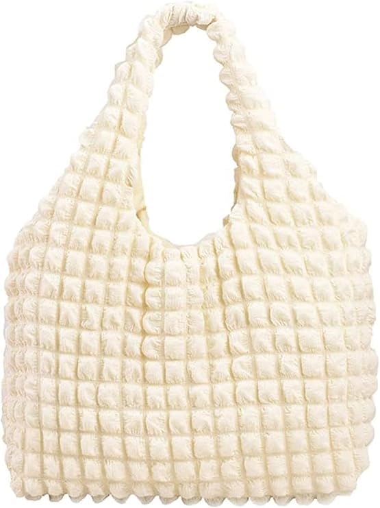Kawn® Korean Style Puffy Cloud Bubble Grid Shoulder Bag for Women Girls, Cute Soft Small Hobo Bag with No-Closure System, Lightweight Casual Handbags Organizer for Work and Everyday Use (Beige) - Image 1