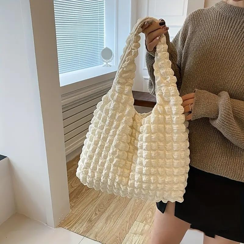 Kawn® Korean Style Puffy Cloud Bubble Grid Shoulder Bag for Women Girls, Cute Soft Small Hobo Bag with No-Closure System, Lightweight Casual Handbags Organizer for Work and Everyday Use (Beige) - Image 3
