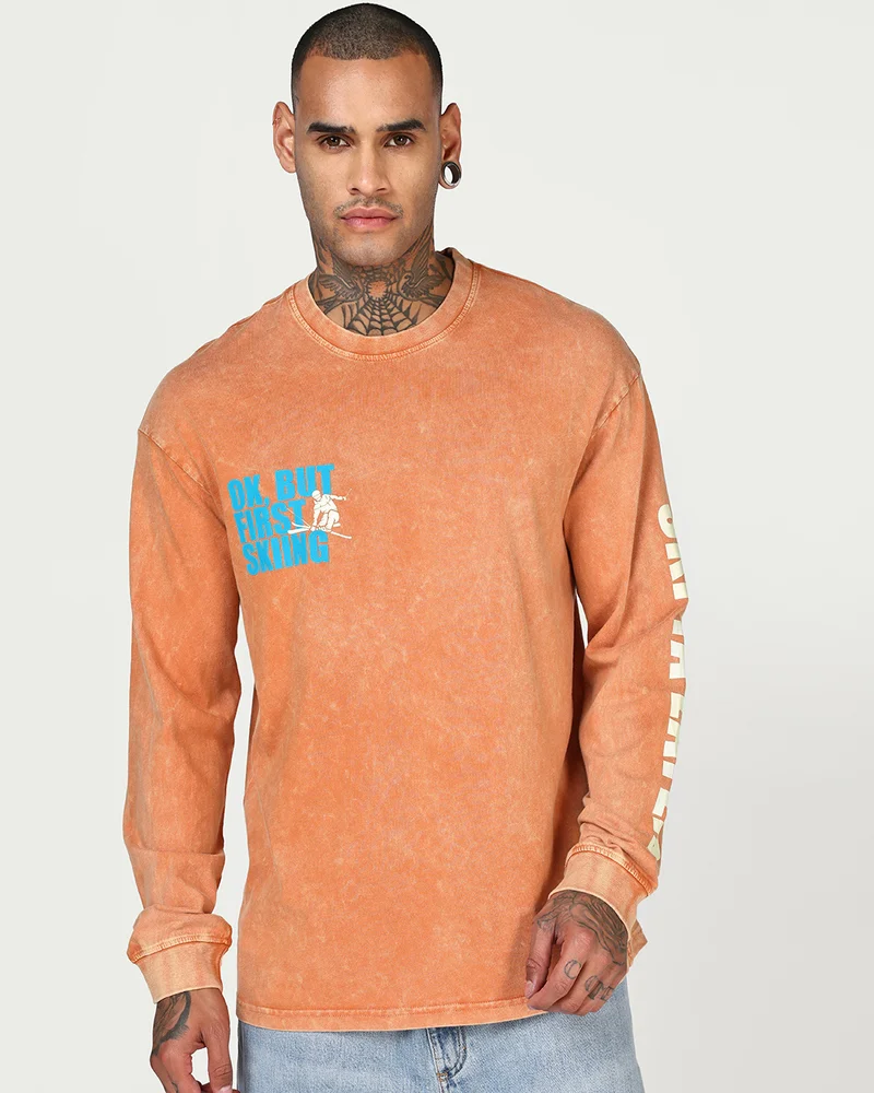بيواكوف Men's Caramel Orange SKI Graphic Printed Oversized Acid Wash T-shirt