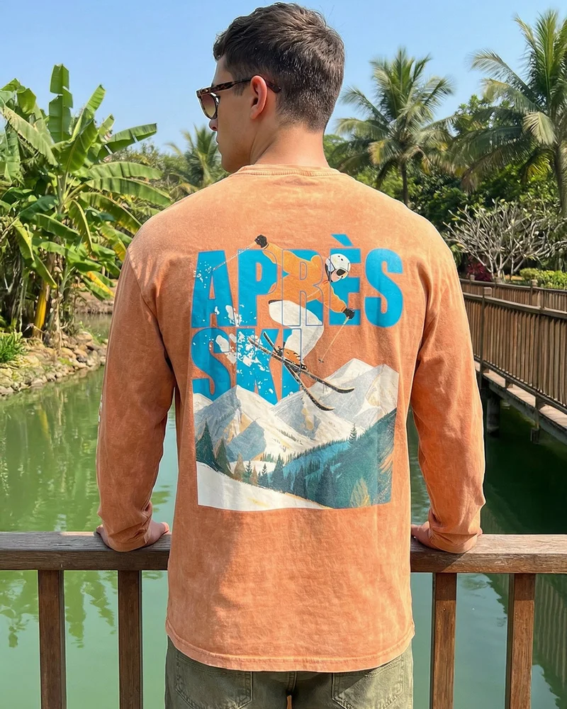بيواكوف Men's Caramel Orange SKI Graphic Printed Oversized Acid Wash T-shirt