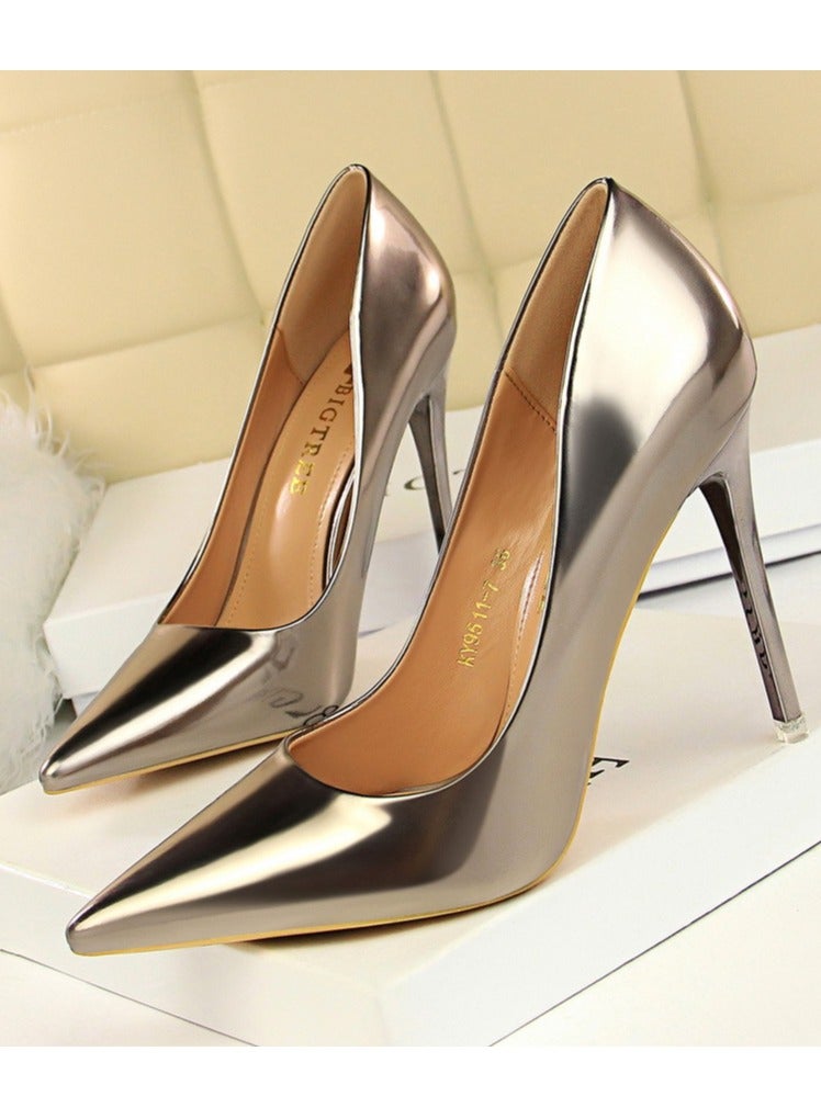 BIGTREE Women's Comfortable Shiny Stiletto Pumps 10.5cm Elegant Gorgeous Closed Pointed Toe Slip On Solid High Heels Bronze  - Image 1