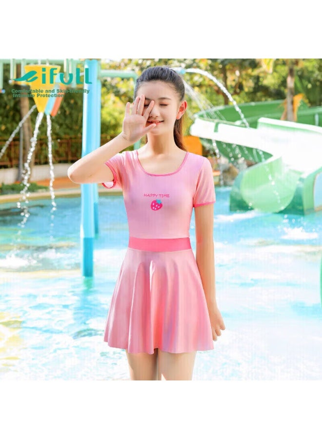 Skin-friendly Yifu Children's Sun Protection Swimsuit, For Girls, Big Kids, Stylish, For Middle School Girls, Fashionable One-piece Dress-style Hot Spring Swimwear - Image 1