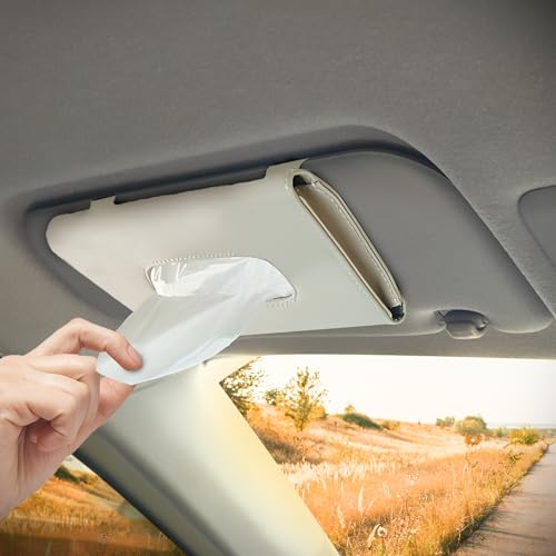 AUTOGUYS Car Tissue Holder for Visor and Dashboard - Interior Accessories, Sun Visor Tissue Holder, Stylish Car Decor (Beige) - Image 1