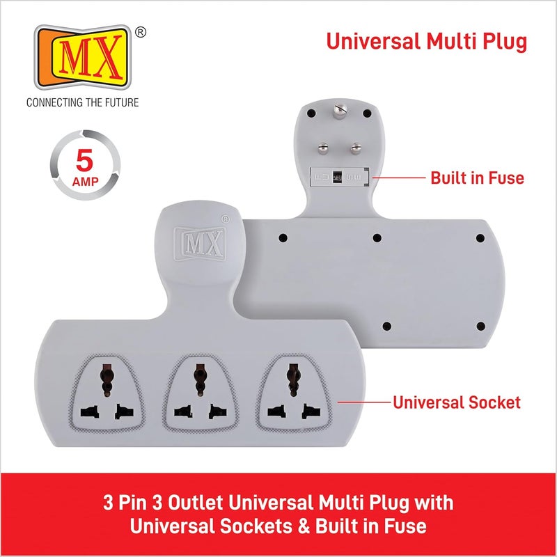 MX 3 Way Multiplug Adaptor with 3 Universal Socket 5 Amp with Fuse 3 Pin Plug Socket Safety Shutter 3 Way Plug Extension for Home Office Travel - Image 2
