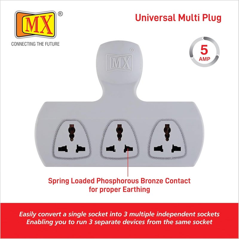 MX 3 Way Multiplug Adaptor with 3 Universal Socket 5 Amp with Fuse 3 Pin Plug Socket Safety Shutter 3 Way Plug Extension for Home Office Travel - Image 3