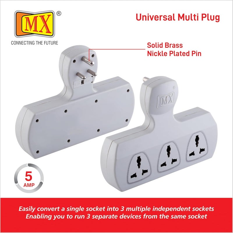 MX 3 Way Multiplug Adaptor with 3 Universal Socket 5 Amp with Fuse 3 Pin Plug Socket Safety Shutter 3 Way Plug Extension for Home Office Travel - Image 5
