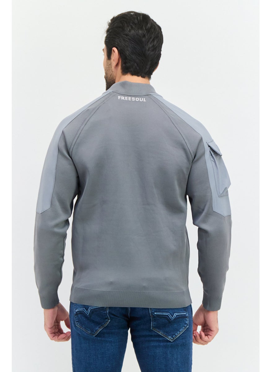 Free Soul - Men Band Collar Brand Logo Long Sleeves Sweatshirt, Grey - Image 1