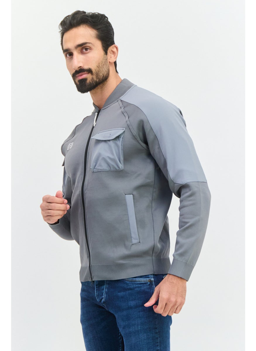 Free Soul - Men Band Collar Brand Logo Long Sleeves Sweatshirt, Grey - Image 1