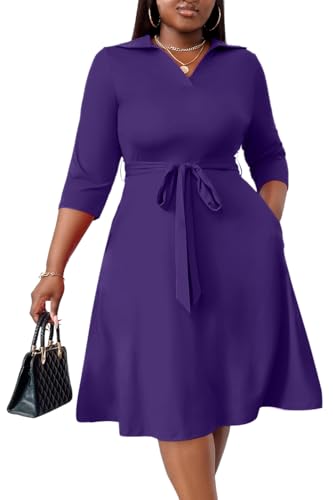 FANDEE Casual Dresses for Women Semi Formal Fit and Flare 3/4 Sleeve A-line Church Work Dress with Pockets Dark Purple L - Image 1