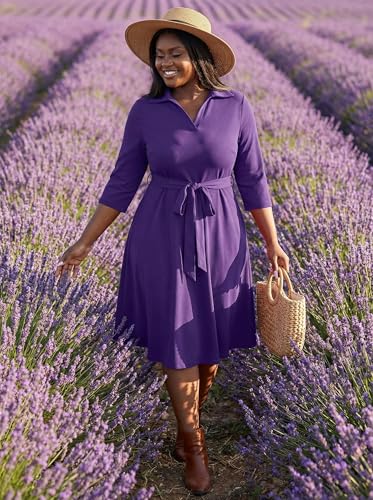 FANDEE Casual Dresses for Women Semi Formal Fit and Flare 3/4 Sleeve A-line Church Work Dress with Pockets Dark Purple L - Image 5