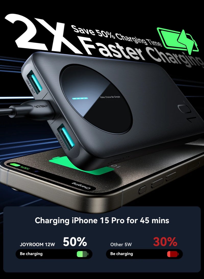 JOYROOM 10000 mAh ,JR-PBF12 LED Power Bank – 12 W USB‑C Pd & Dual 2.4 A USB‑A Outputs, Led Battery Display, Ultra-Slim Fireproof Design, Triple‑Device Fast Charging - Black - Image 3