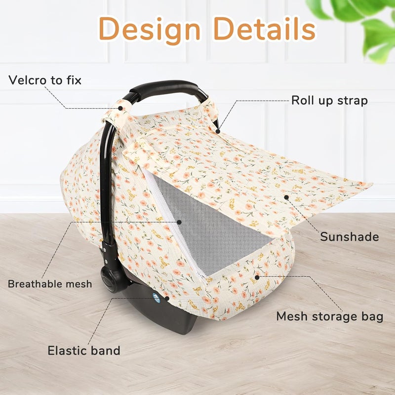 DAYEEBALL Summer Baby Car Seat Cover Muslin Carseat Cover for Infant Boys Girls with Large Mesh Window Breathable Newborn Car Seat Canopy Red Flower - Image 4