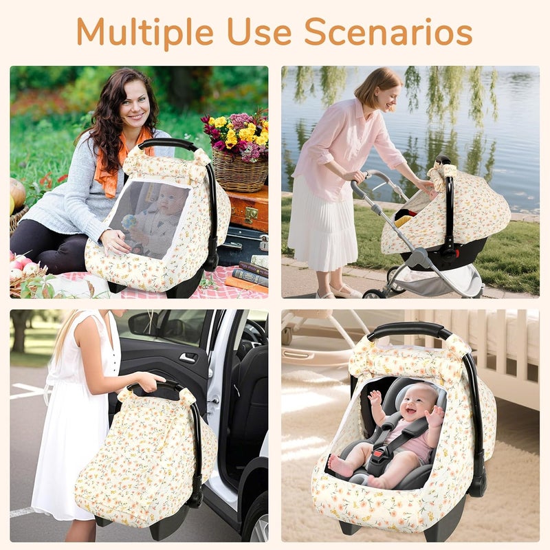 DAYEEBALL Summer Baby Car Seat Cover Muslin Carseat Cover for Infant Boys Girls with Large Mesh Window Breathable Newborn Car Seat Canopy Red Flower - Image 5