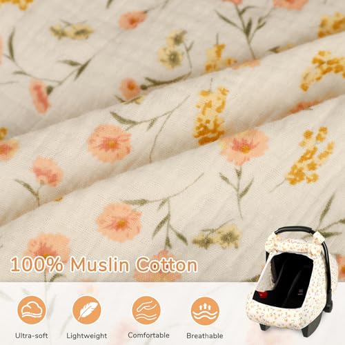 DAYEEBALL Summer Baby Car Seat Cover Muslin Carseat Cover for Infant Boys Girls with Large Mesh Window Breathable Newborn Car Seat Canopy Red Flower - Image 3