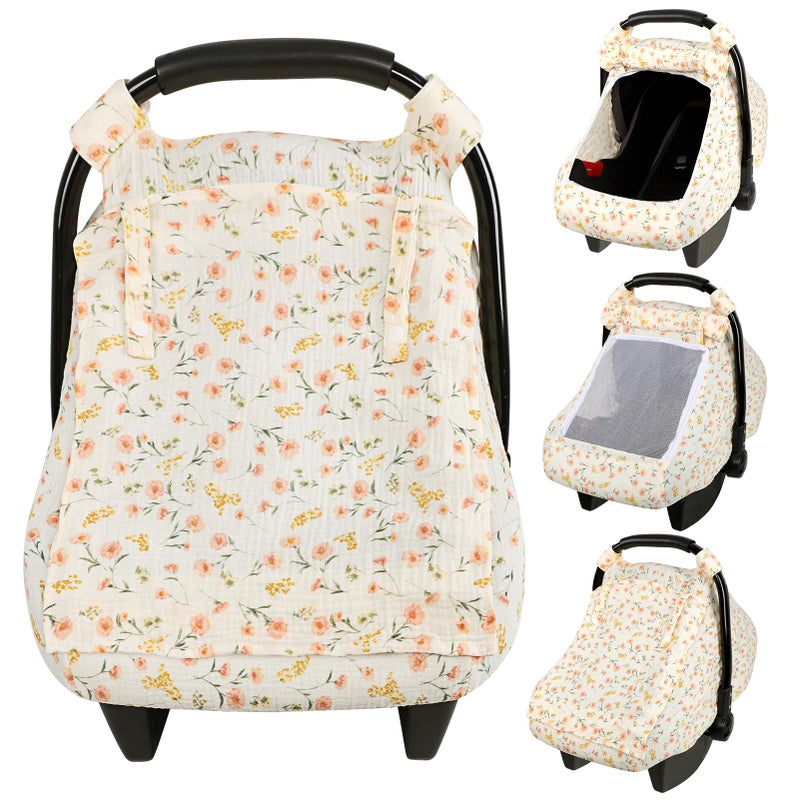 DAYEEBALL Summer Baby Car Seat Cover Muslin Carseat Cover for Infant Boys Girls with Large Mesh Window Breathable Newborn Car Seat Canopy Red Flower - Image 2