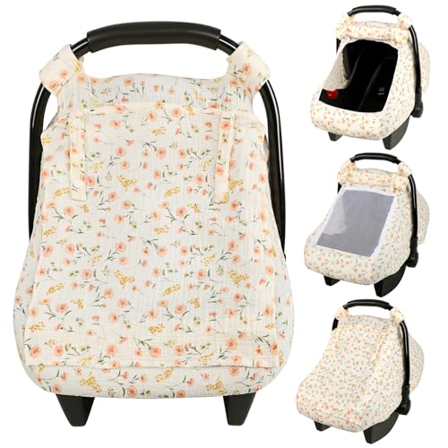 DAYEEBALL Summer Baby Car Seat Cover Muslin Carseat Cover for Infant Boys Girls with Large Mesh Window Breathable Newborn Car Seat Canopy Red Flower - Image 1